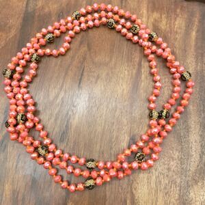 Coral Beaded Necklace Long Statement Boho Faceted Crystal Bling‎ Glam Sparkle